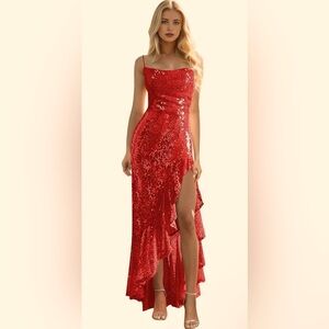 Sparkly Dress for Women Long Ruffles Mermaid Evening Formal Dresses with Slit